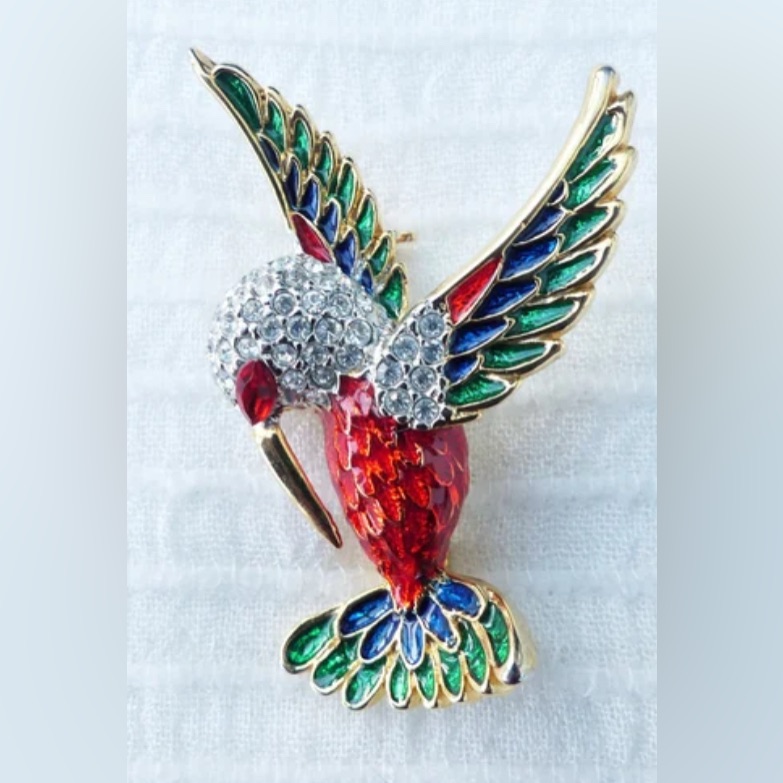 Vintage 1980s Gold-Plated Crystal Diamant Enamelled Humming-Bird